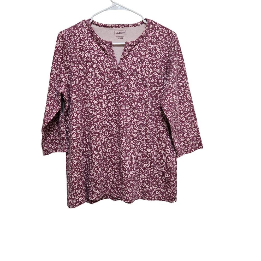 LL Bean Floral Split Neck Cotton Tunic Top Large Regular